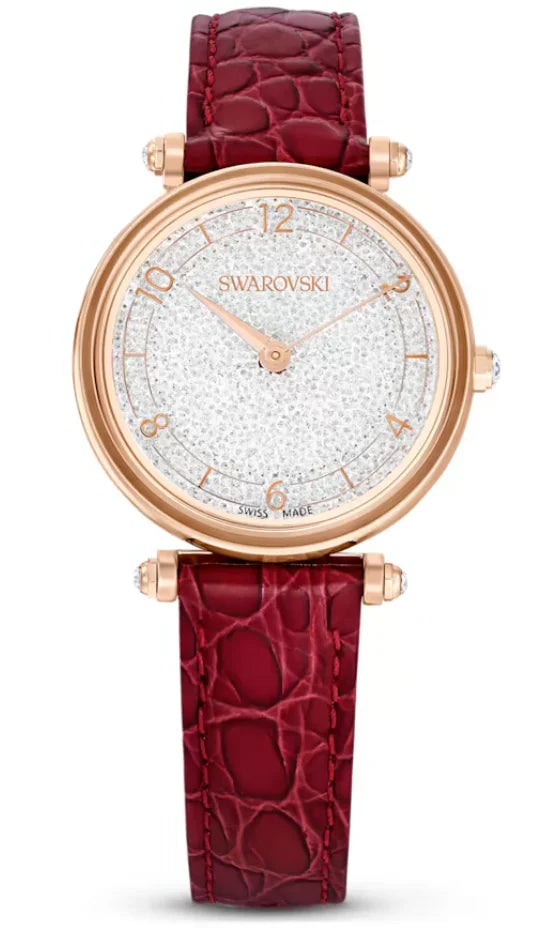 Swarovski Crystalline Wonder women's watch with silver dial, rose-gold case and red leather strap
