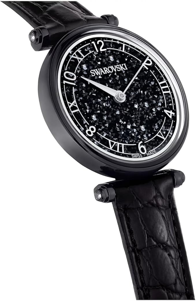 Three-quarter view of Swarovski Crystalline Wonder black women's watch with croc-textured strap