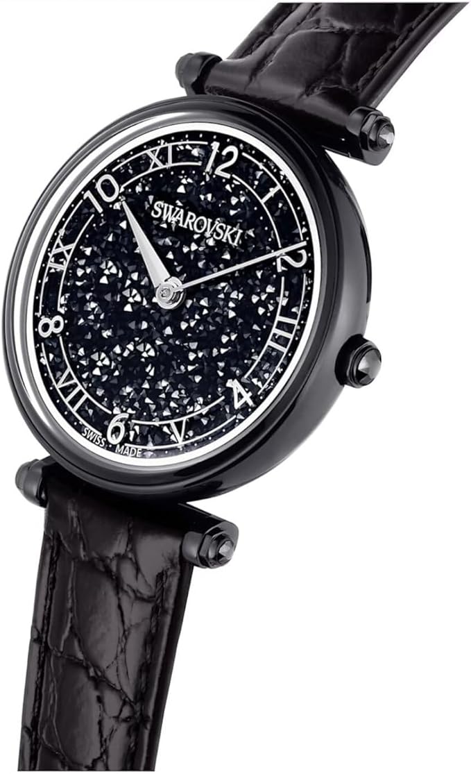 Angled view of Swarovski Crystalline Wonder women's watch showcasing black crystalline dial detail