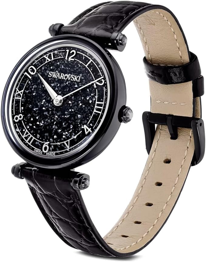 Angled view of Swarovski Crystalline Wonder black women's watch with leather strap interior visible