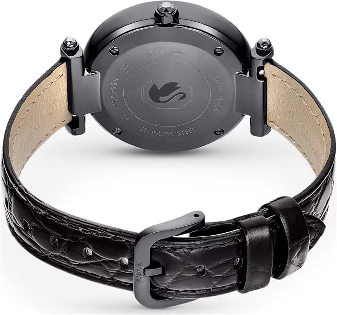 Caseback of Swarovski Crystalline Wonder women's watch showing stainless steel with Swarovski emblem