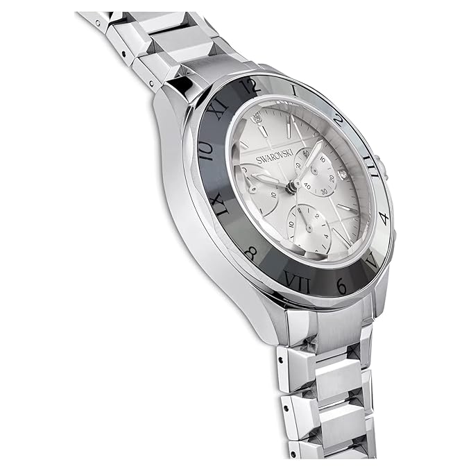Side view of Swarovski Dextera chronograph watch with silver steel bracelet