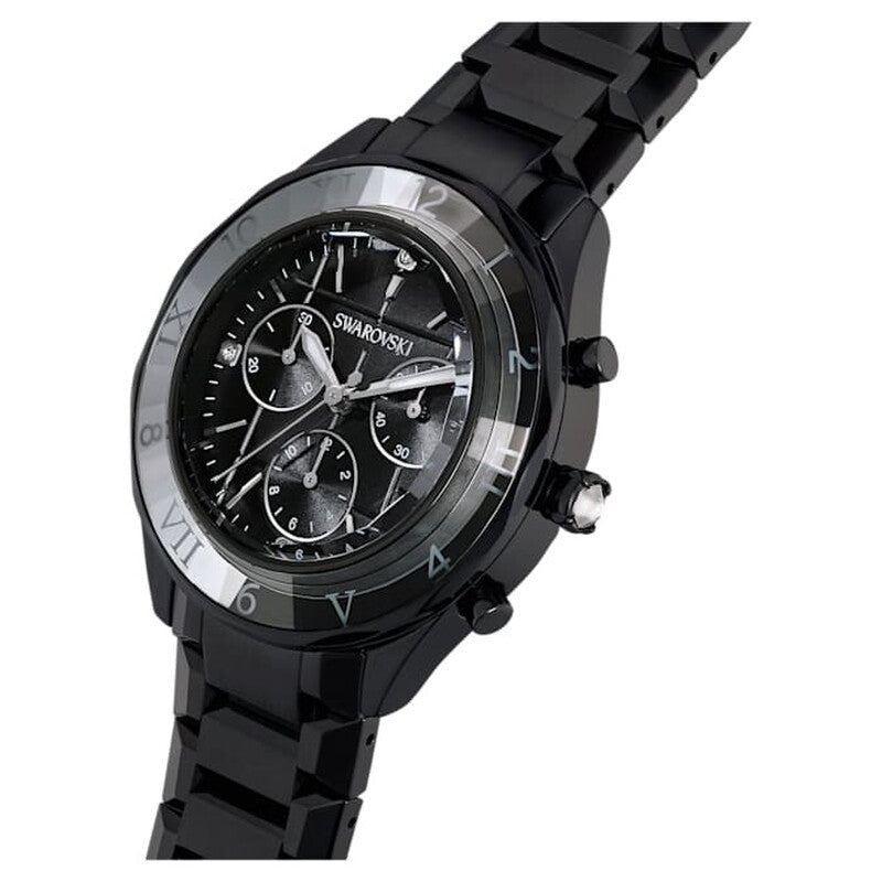 Swarovski Dextera chronograph watch angled view showing dial and black metal bracelet