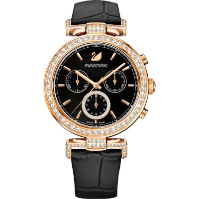 Swarovski Era Journey chronograph women's watch with rose gold case, crystal bezel, and black dial