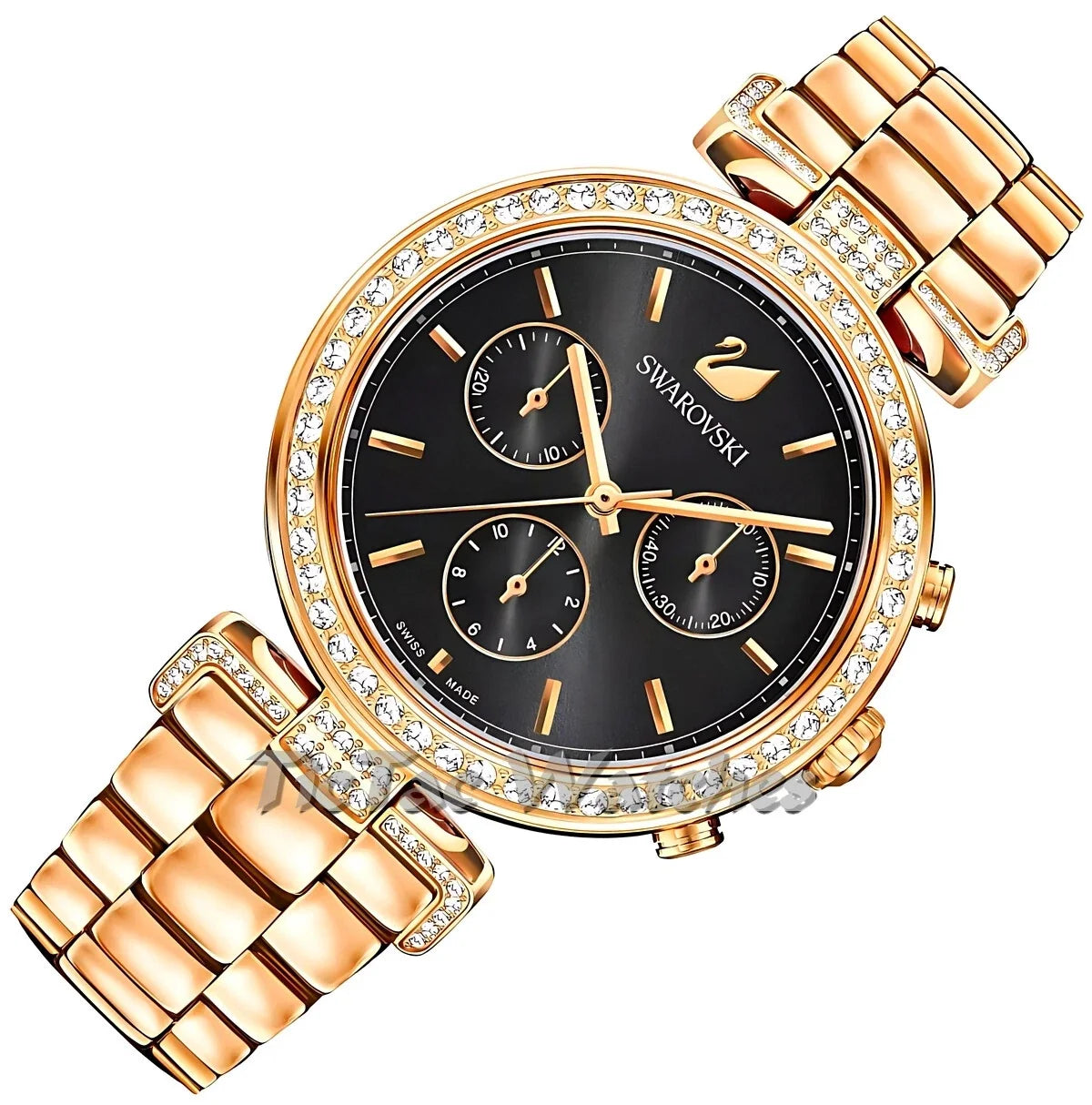 Swarovski Era Journey rose gold chronograph watch at angle showing dial and bracelet