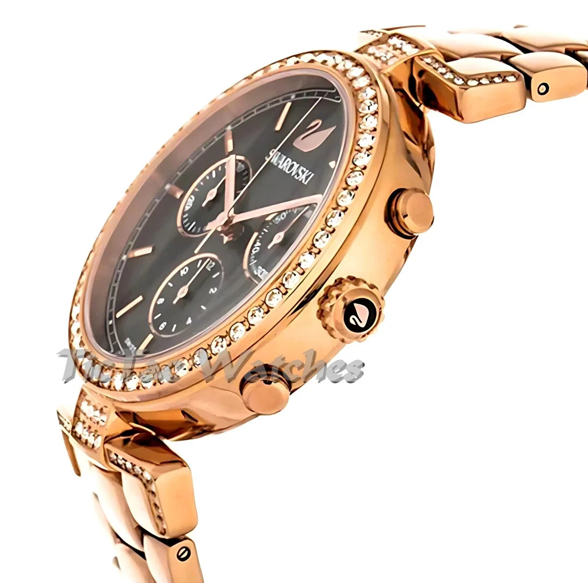 Swarovski Era Journey rose gold chronograph watch side view with crystal bezel detail