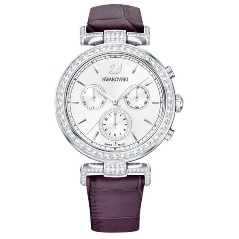 Swarovski Era Journey chronograph watch with silver-tone case, crystal bezel, and purple leather strap