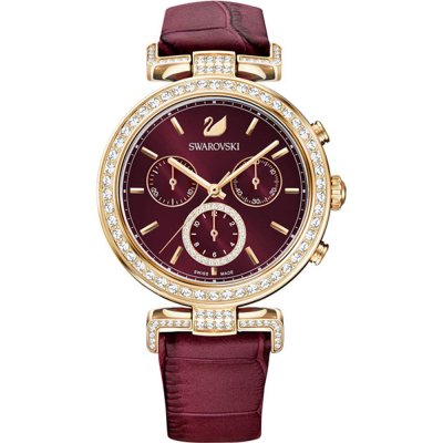 Swarovski Era Journey women's watch with red dial, rose gold case, crystal bezel, and red leather strap