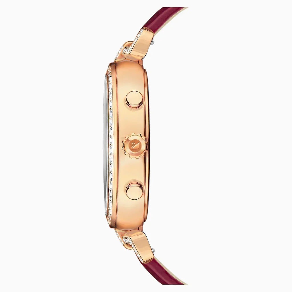 Side view of Swarovski Era Journey watch showing rose gold case profile and red leather strap