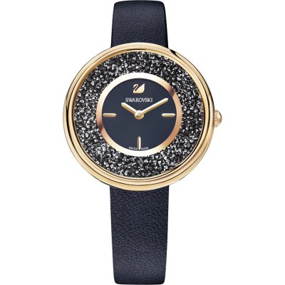 Swarovski Graceful Lady rose gold women's watch with white dial, floating crystals, and dark leather strap
