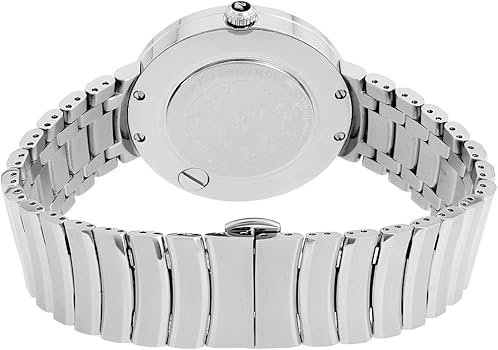 Caseback view of silver stainless steel watch with segmented band design