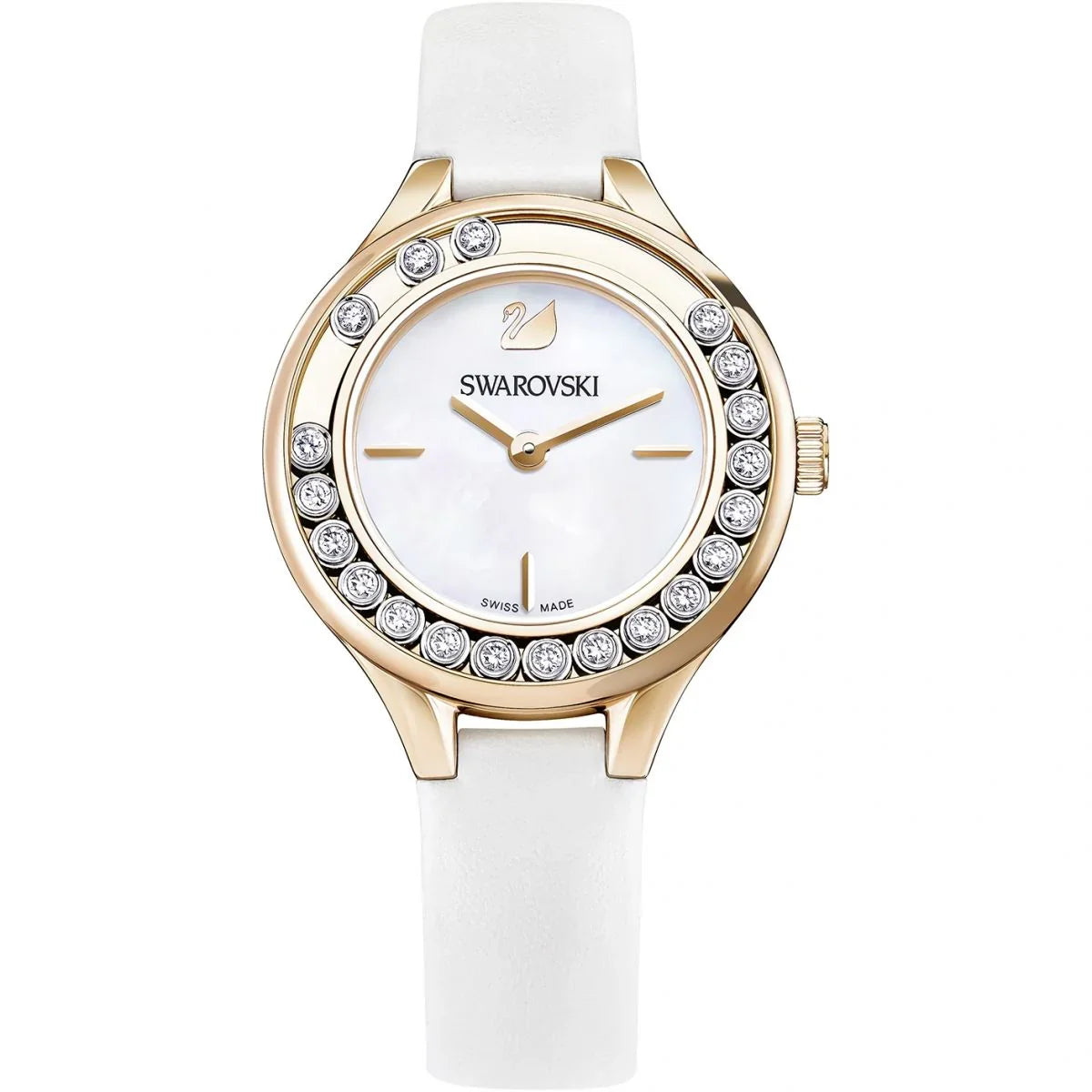 Swarovski Lovely Crystals rose gold women's watch with crystal bezel and white leather strap
