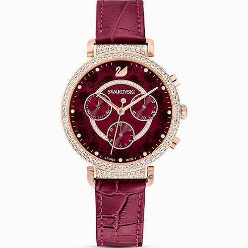 Octagon cut chronograph watch featuring purple dial, champagne gold case, crystal-set bezel, and burgundy leather bracelet