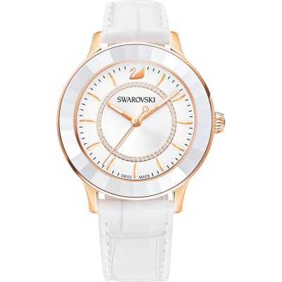Swarovski Octea Lux women's watch with white dial, rose gold case, and white leather strap