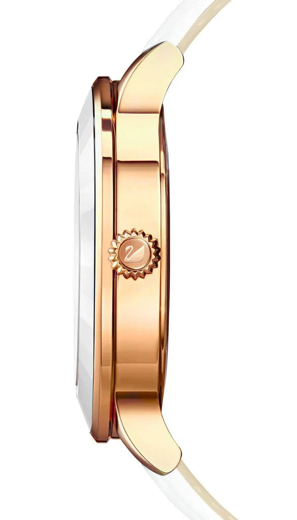 Side view of Swarovski Octea Lux watch showing rose gold case profile with white leather strap
