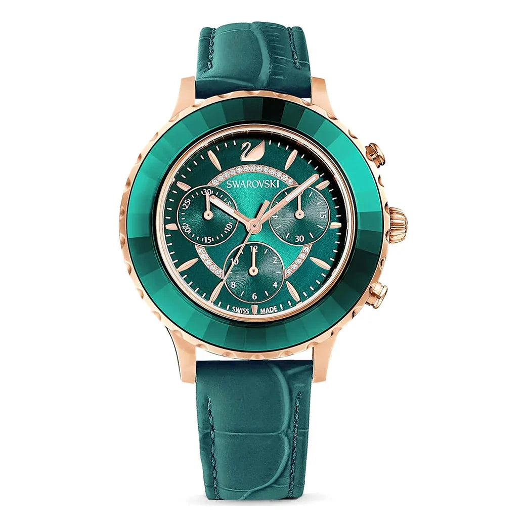 Swarovski Octea Lux Chrono green dial chronograph watch with rose-gold case and green leather strap