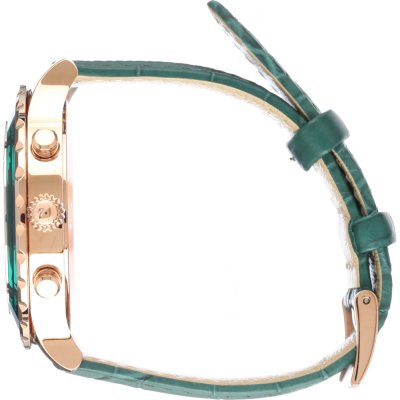 Side view of Swarovski Octea Lux Chrono showing rose-gold case profile and green leather strap
