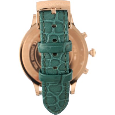 Green crocodile-embossed leather strap with rose-gold buckle on Swarovski Octea Lux Chrono watch