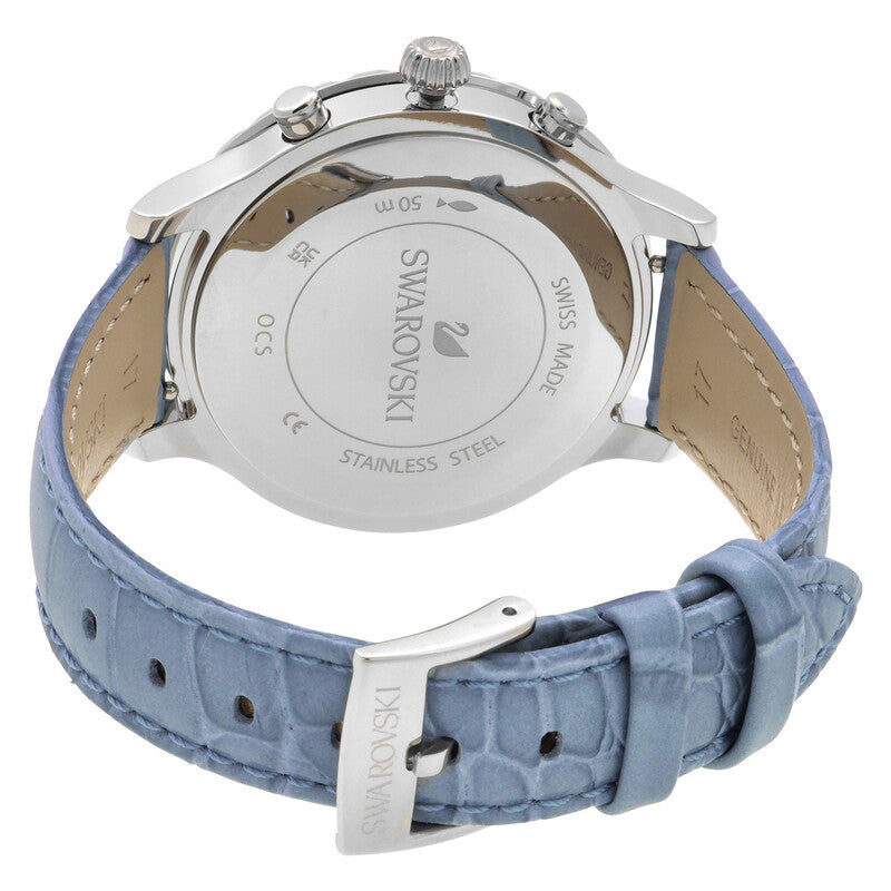 Swarovski Octea Lux Chrono stainless steel caseback displaying Swiss movement markings and blue leather strap