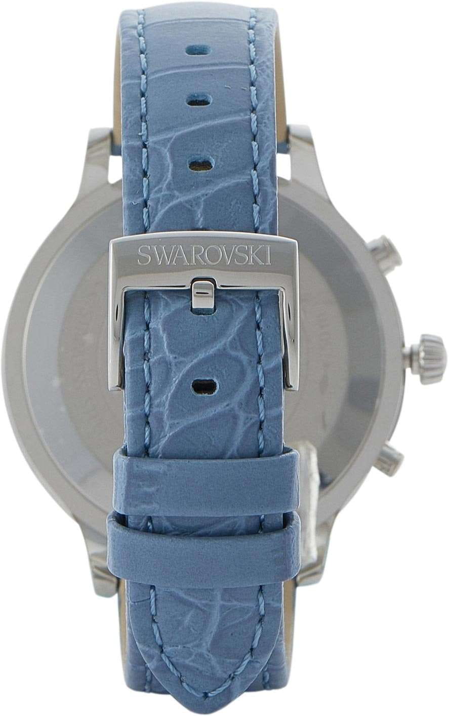 Swarovski Octea Lux Chrono watch caseback showing stainless steel with Swarovski branding and blue leather strap