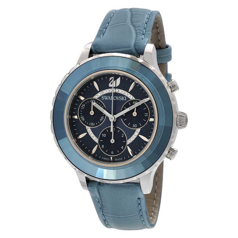 Swarovski Octea Lux Chrono chronograph watch worn on wrist showing blue dial and strap