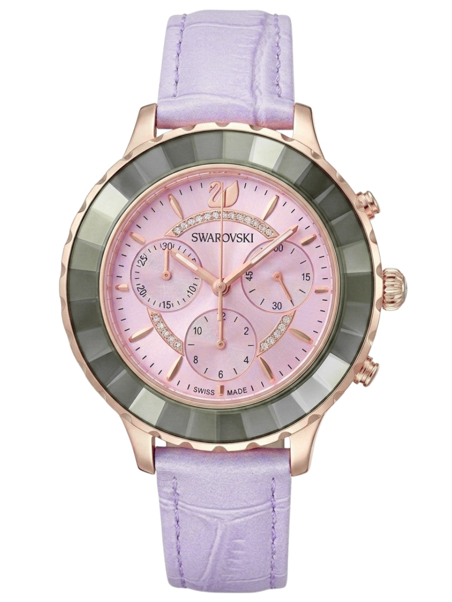 Swarovski Octea Lux Chrono chronograph watch with light purple leather strap and rose gold case