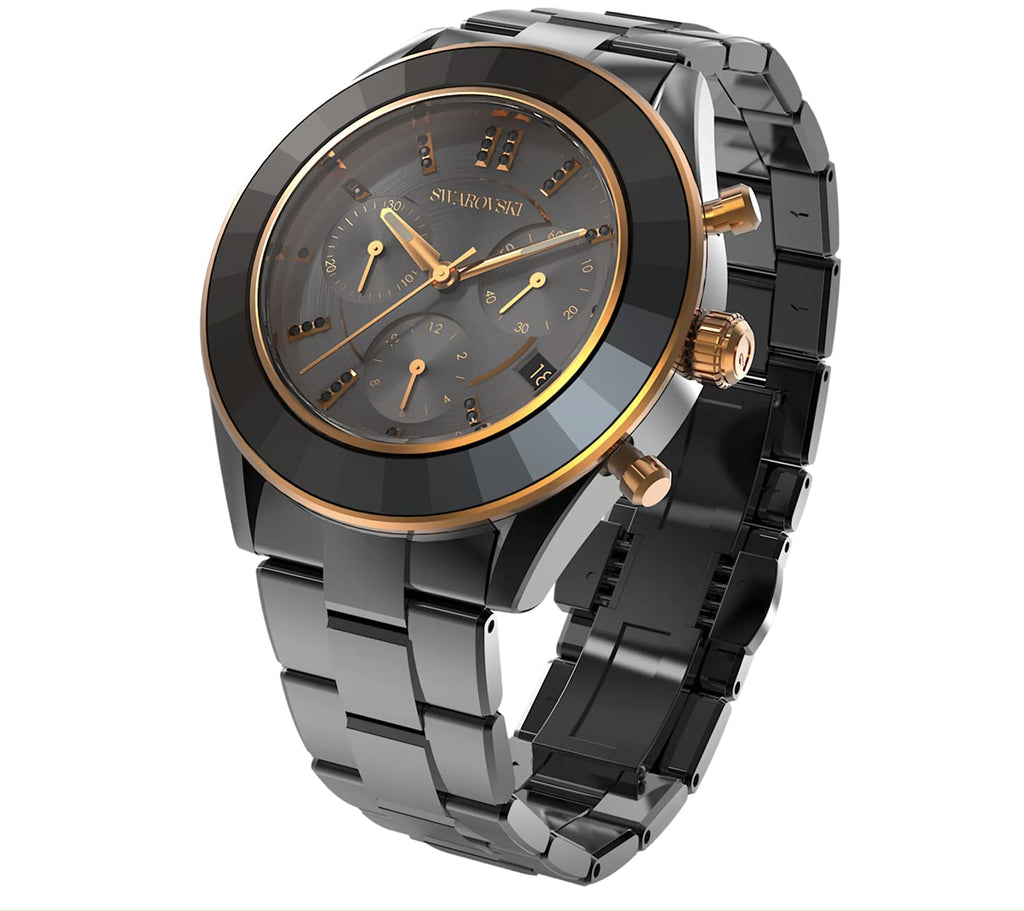 Three-quarter view of Octea Lux Sport chronograph with black dial and faceted crystal bezel