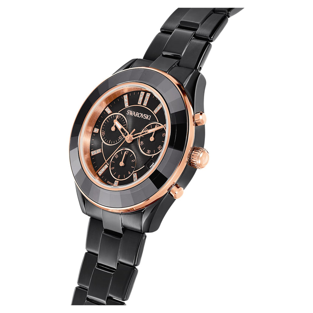 Octea Lux Sport watch angled view showing black PVD metal bracelet and rose gold case details