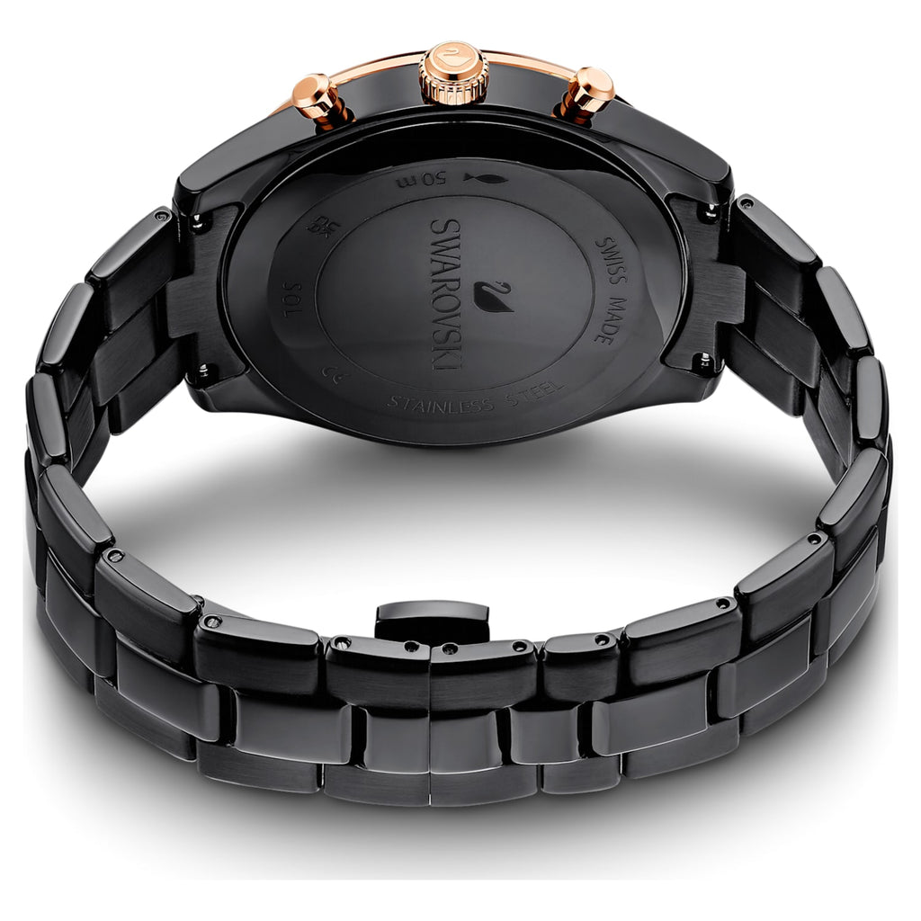 Swarovski Octea Lux Sport caseback showing Swarovski branding and black PVD finish