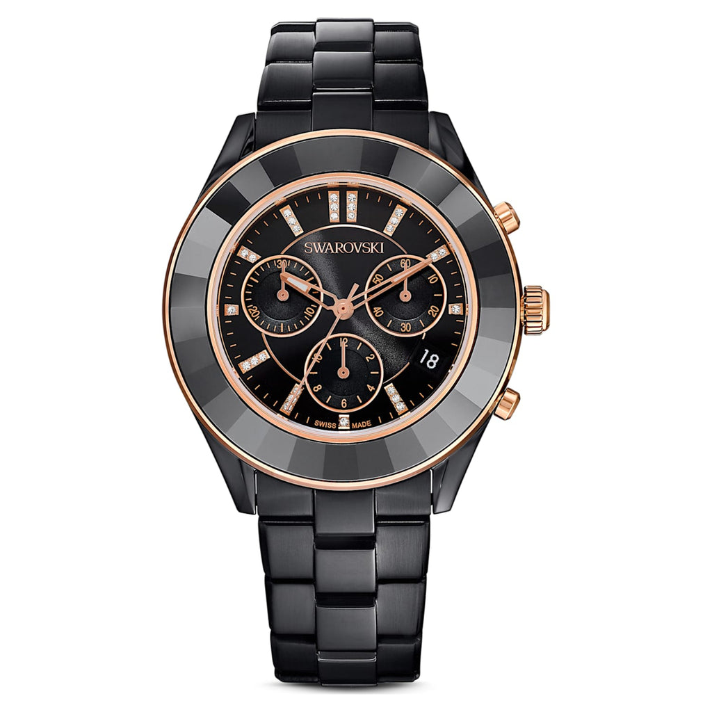 Swarovski Octea Lux Sport black dial chronograph watch with faceted crystal bezel and rose gold accents