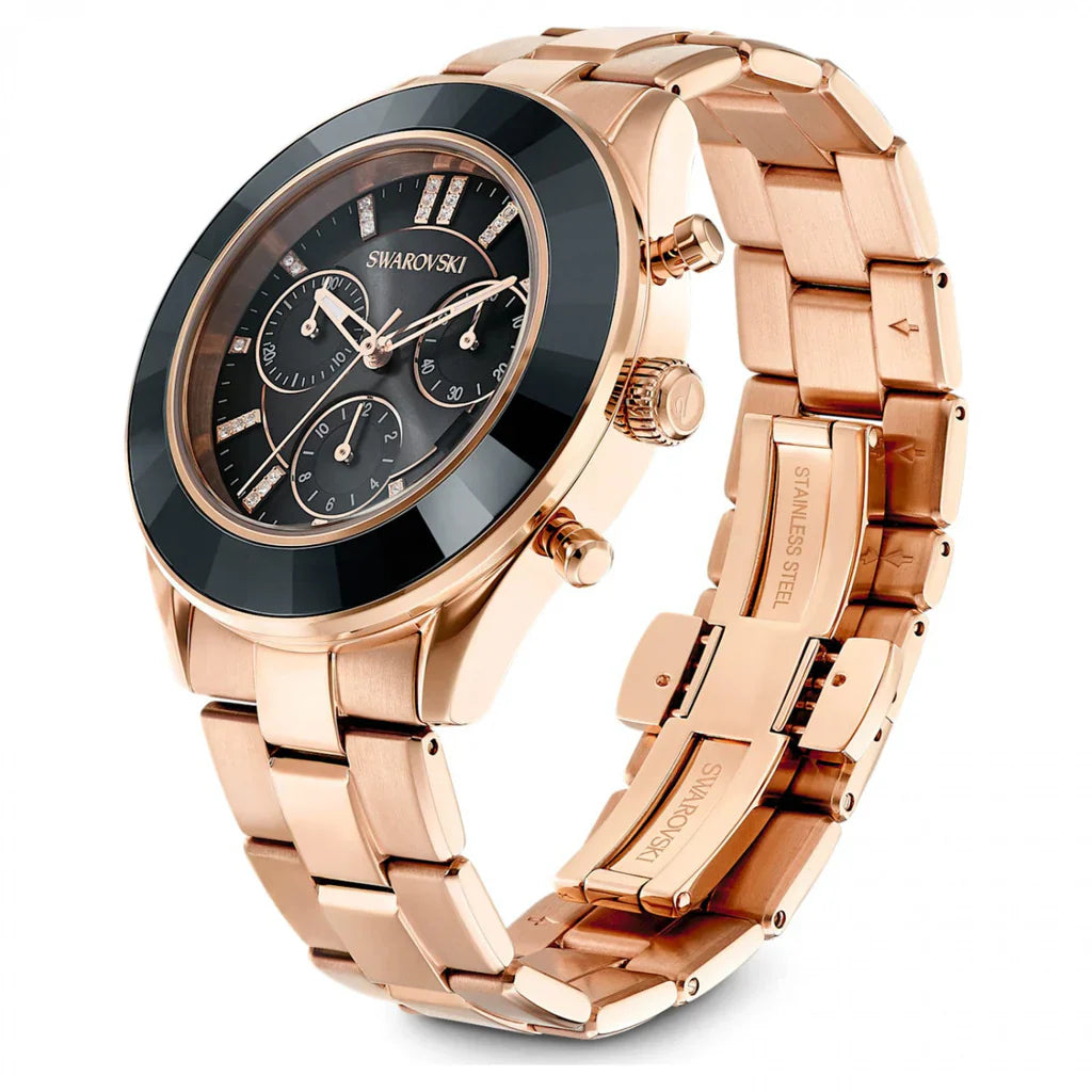 Octea Lux Sport watch at angle showing rose gold bracelet and black chronograph dial face