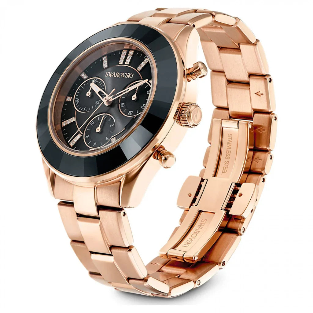 Octea Lux Sport watch at angle showing rose gold bracelet and black chronograph dial face