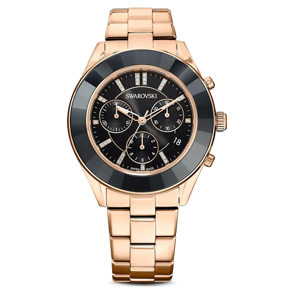 Swarovski Octea Lux Sport chronograph women's watch with rose gold-tone metal bracelet and black dial