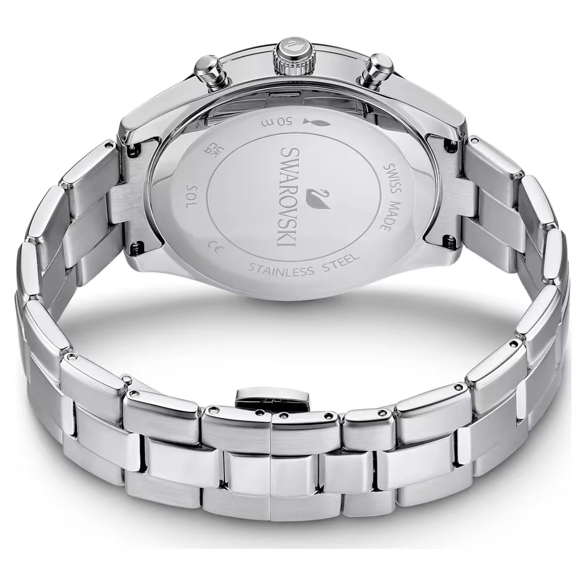 Swarovski Octea Lux Sport caseback showing stainless steel case and bracelet attachment