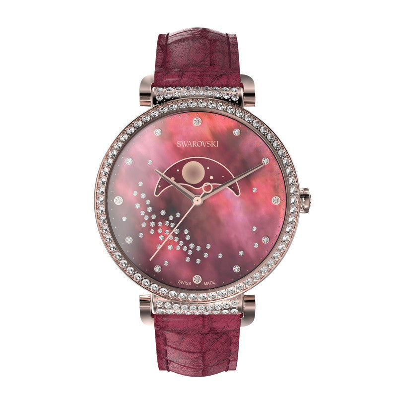 Swarovski Passage quartz moon phase ladies watch burgundy dial rose gold bezel