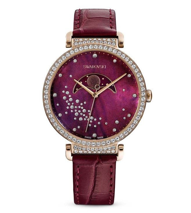 Swarovski Passage ladies moon phase watch burgundy dial crystal-set bezel