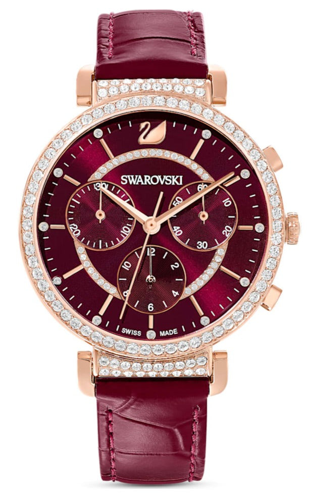 Swarovski Passage Chrono women's watch with red dial, rose gold case, crystal bezel, and burgundy leather strap