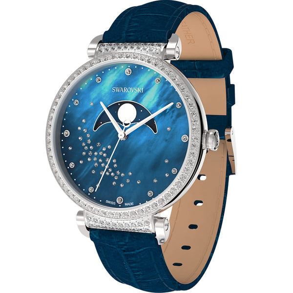 Three-quarter view of Swarovski Passage watch showing blue croc-embossed leather strap