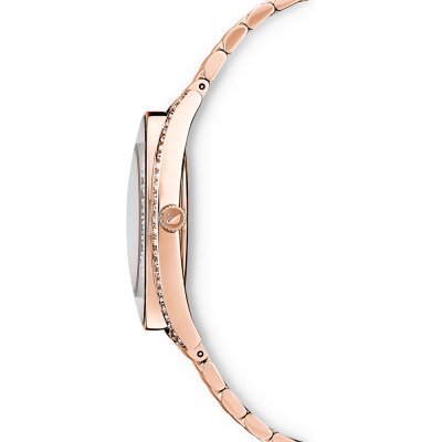 Side view of rose gold women's watch with crystal-adorned case and strap