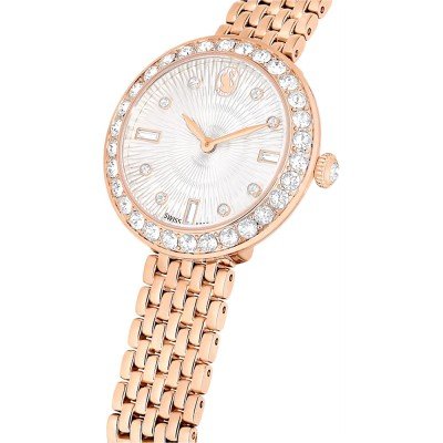 Swarovski rose gold women's watch angled view showing dial and bracelet