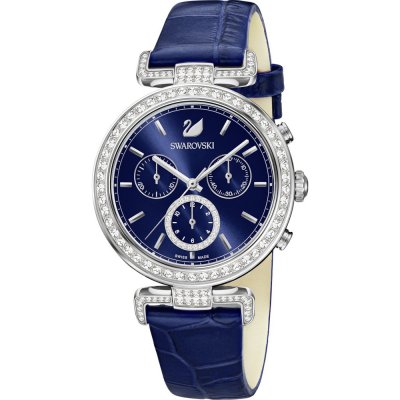 Swarovski silver women's chronograph watch with crystal bezel and navy blue dial