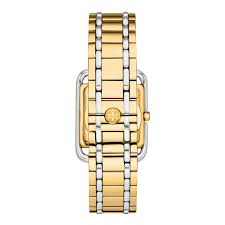 Two-tone gold and silver bracelet with centered square watch case and T logo dial