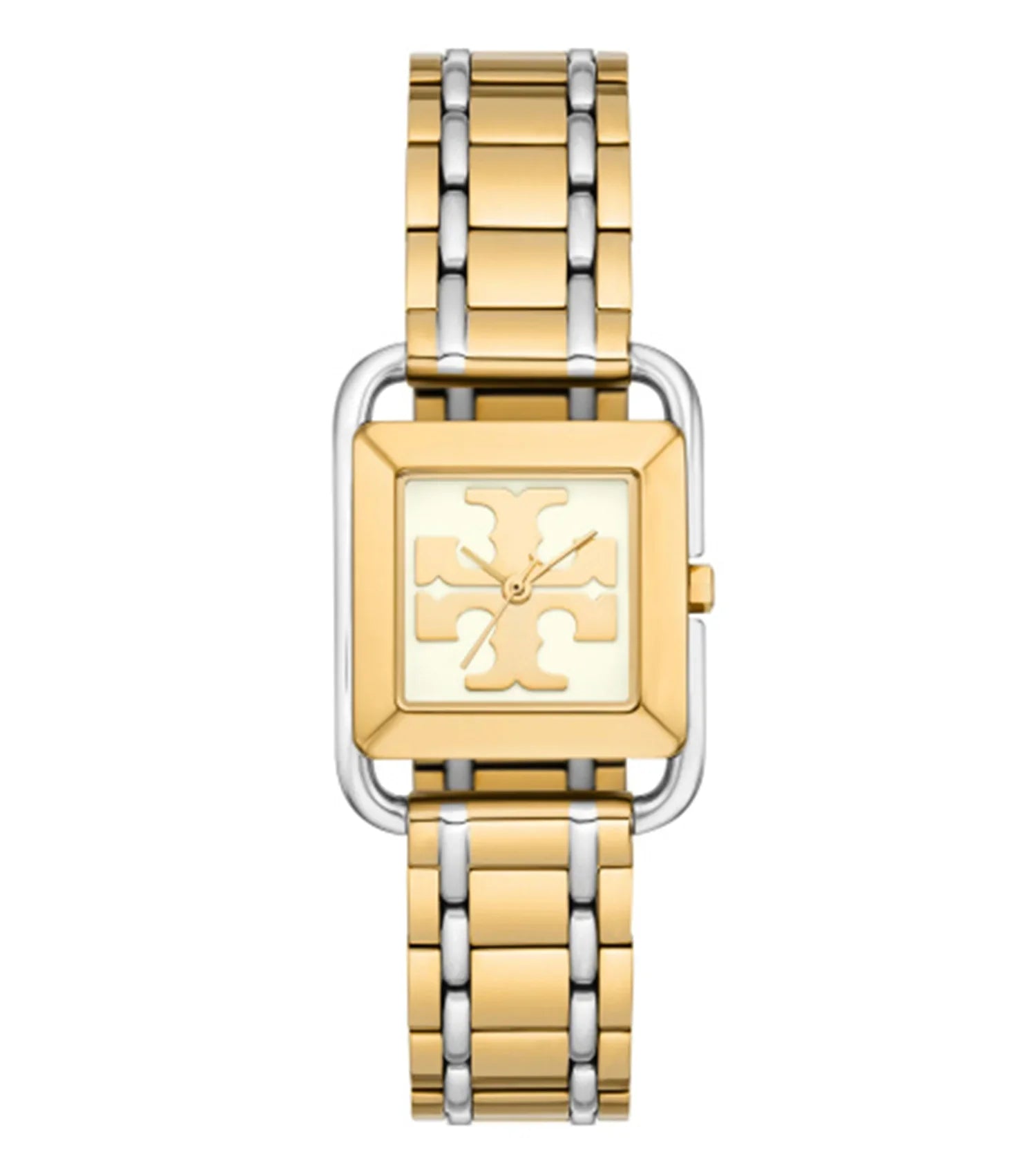 Tory Burch The Miller square two-tone steel watch with gold and silver bracelet and T-logo dial