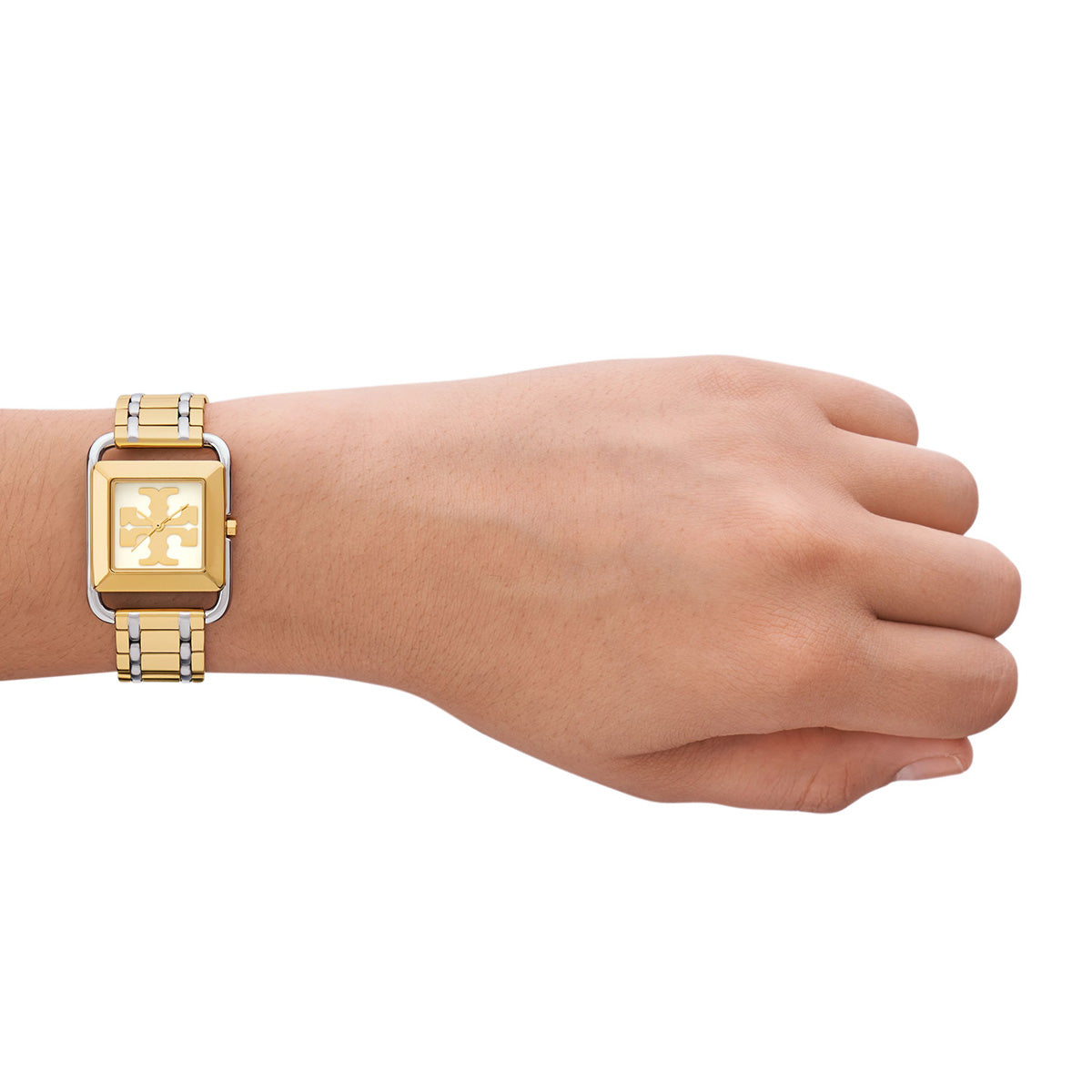The Miller square two-tone watch worn on wrist, showing dial and bracelet detail