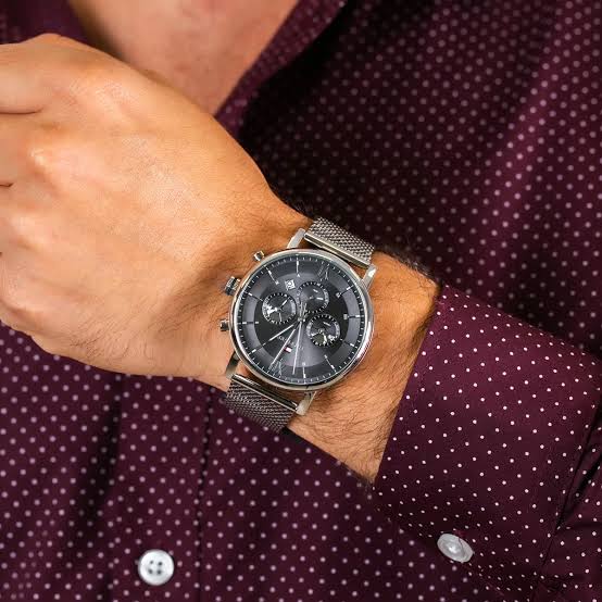 Tommy Hilfiger Evan chronograph watch worn on wrist with grey dial
