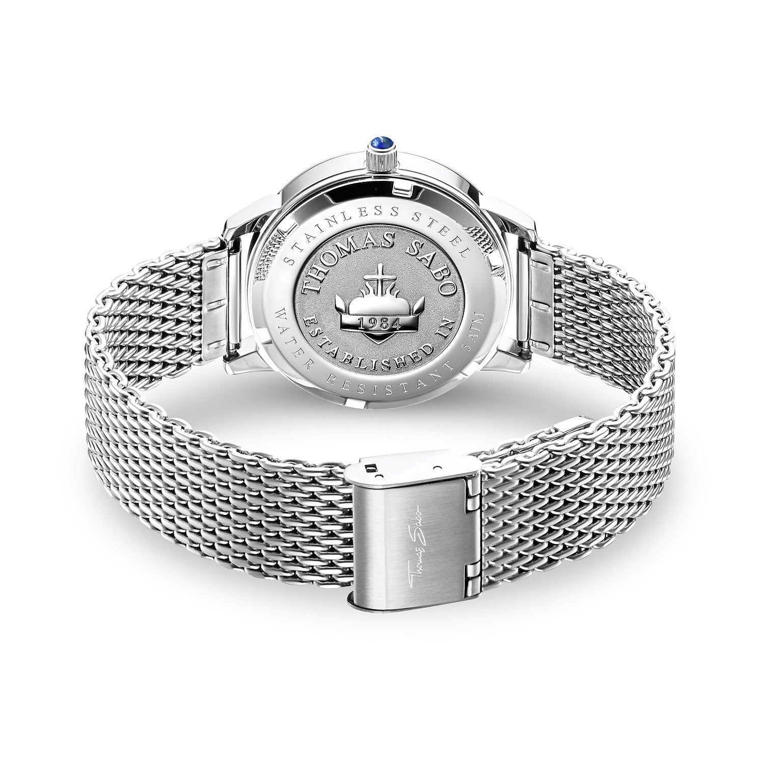 Thomas Sabo watch caseback showing silver mesh strap and metal clasp