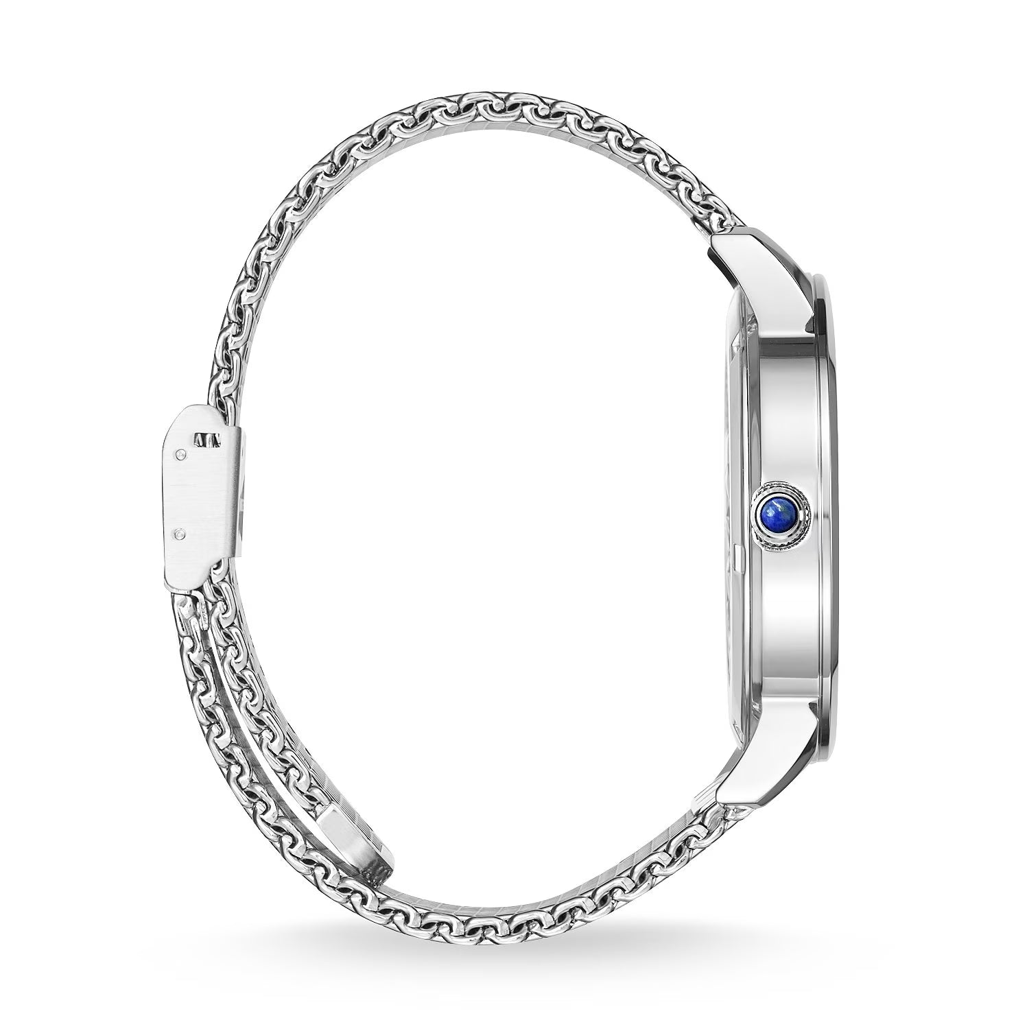 Thomas Sabo watch side view displaying thin silver case and mesh band