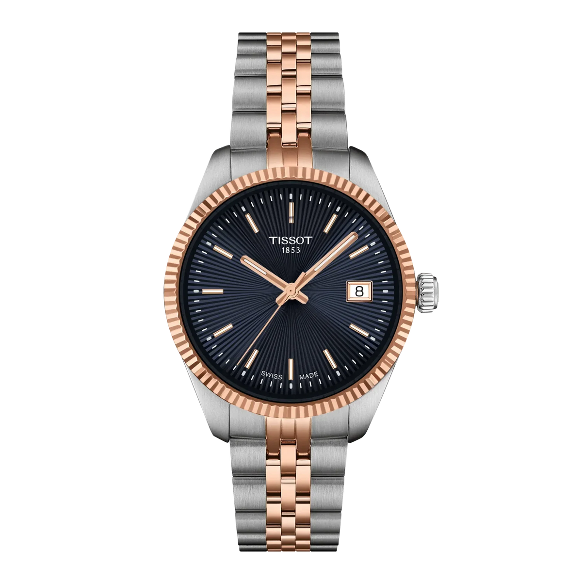 Tissot Ballade quartz women's watch with blue dial, two-tone steel and rose gold bracelet, fluted bezel, and date window