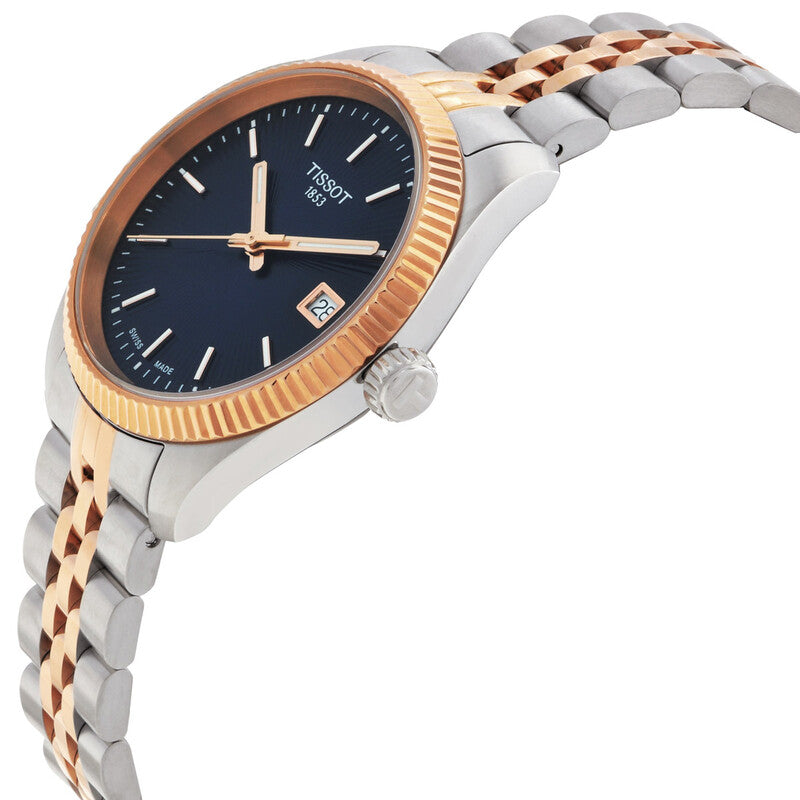 Side profile of Tissot Ballade women's watch displaying two-tone steel and rose gold bracelet