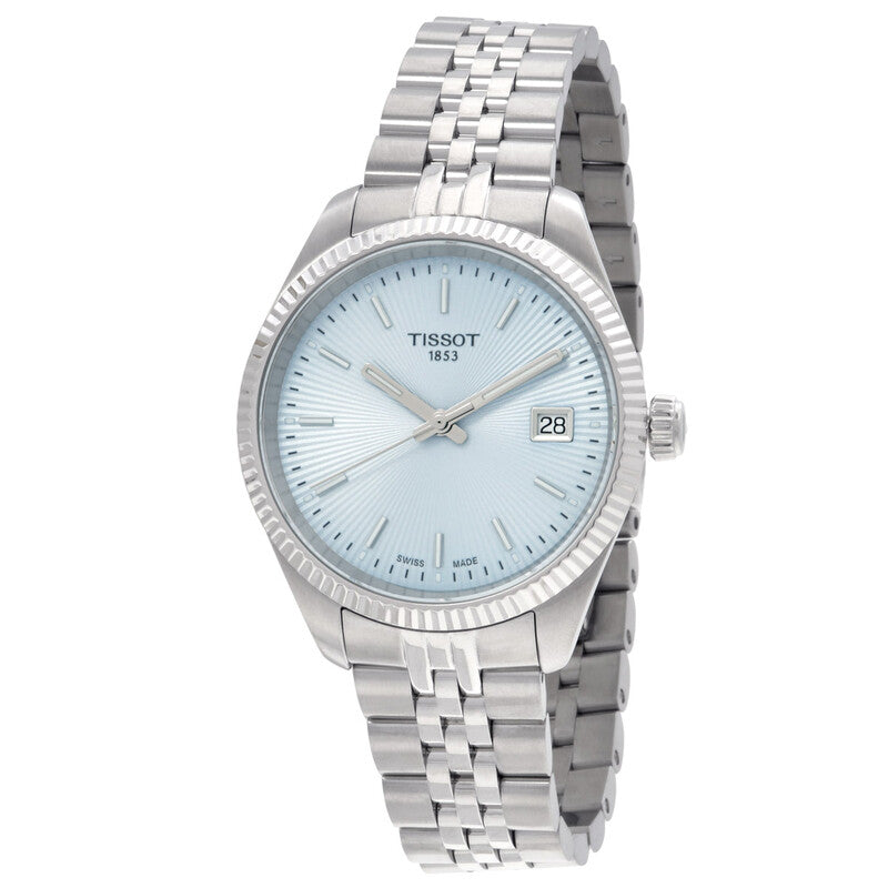 Tissot Ballade women's watch angled view with blue dial and three-link silver steel bracelet